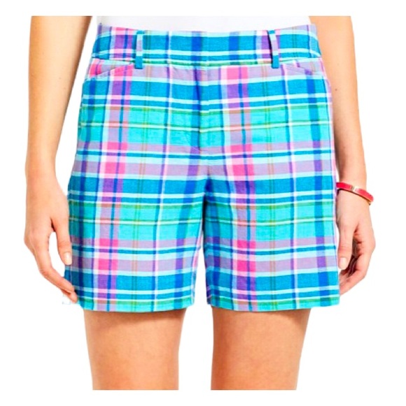 Talbots Perfect Short Colorful Sea Madras Plaid Linen Blend, 5” Shorts, Size 4P - Picture 1 of 12